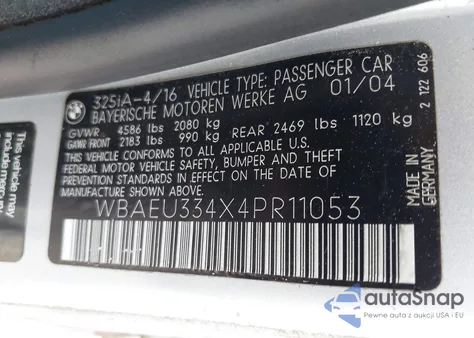 2004 BMW 325Xi Xi из США, поврежденный, VIN WBAEU334X4PR11053